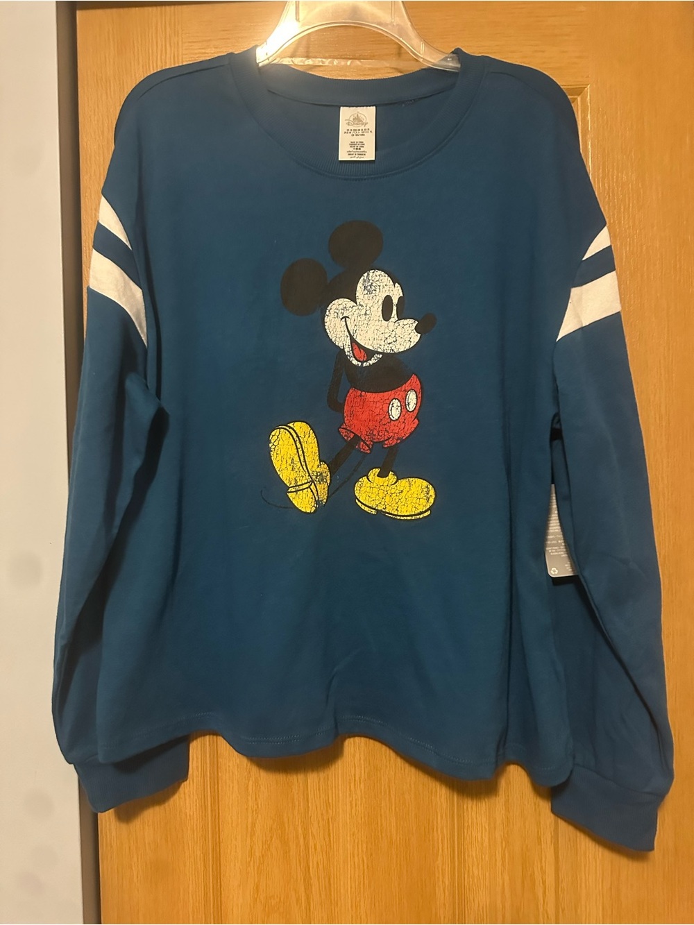 Disney Teal Long-Sleeve Mickey Mouse Graphic Tee with White Sleeve Stripes